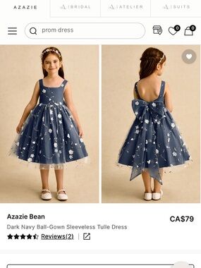 “Azazie Bean” Navy Floral Tulle Flower Girl Dress with Back Bow